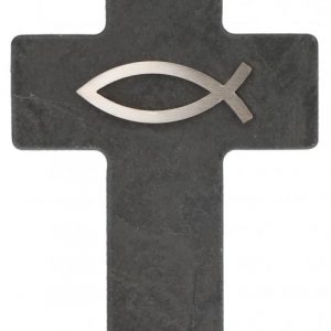 Schieferkreuz mit Fisch aus Edelstahl
